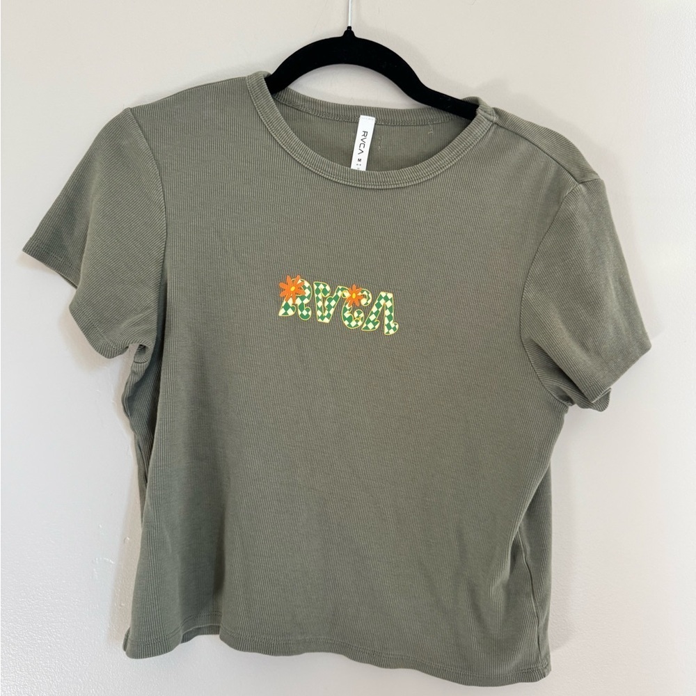 RVCA Retro Floral Logo Baby Tee Sage Green Ribbed Crop Surf Skate Y2K Medium